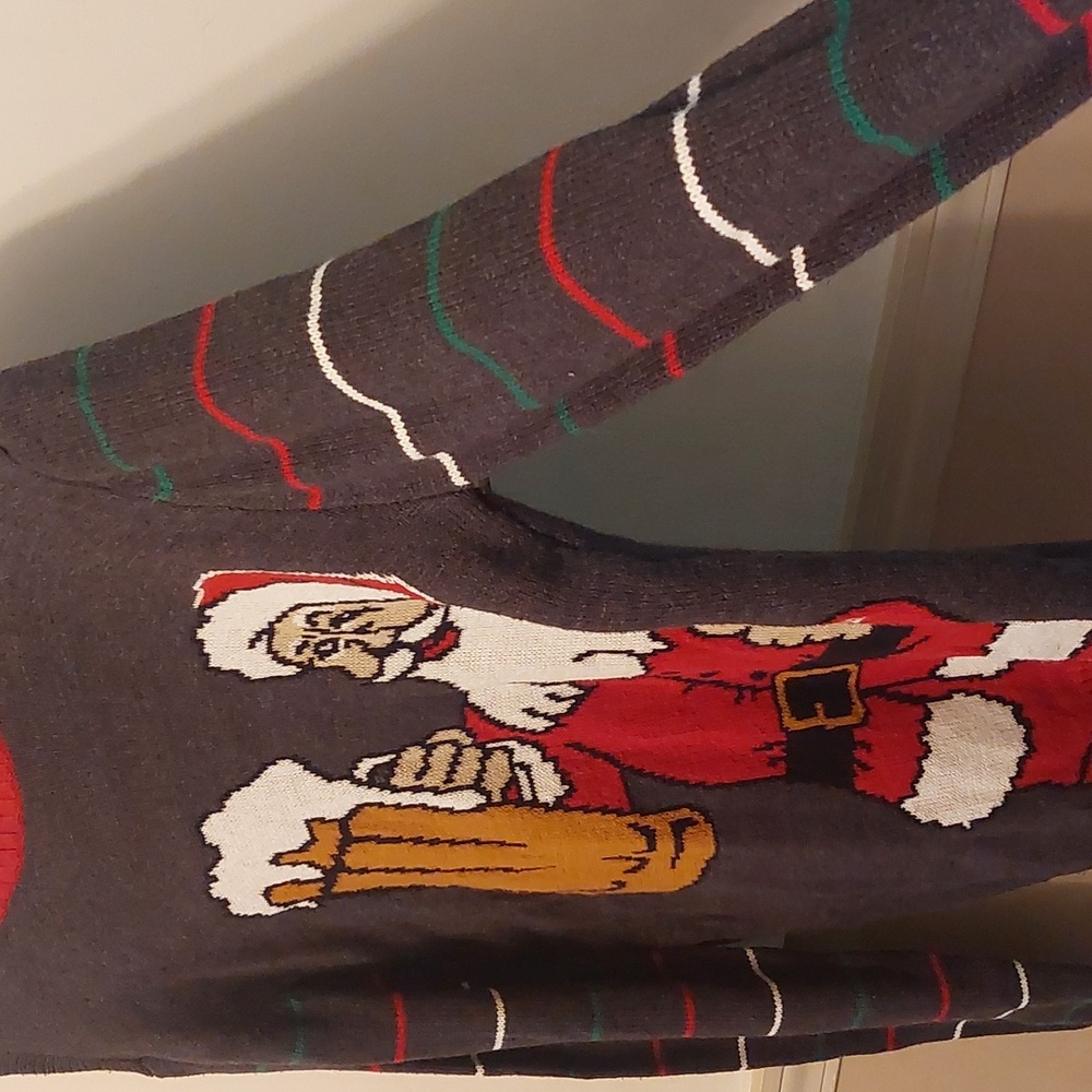 Ugly Christmas Sweater Dark Gray Red Multi Santa Holding A Tasty Beverage Sz L - Picture 4 of 16